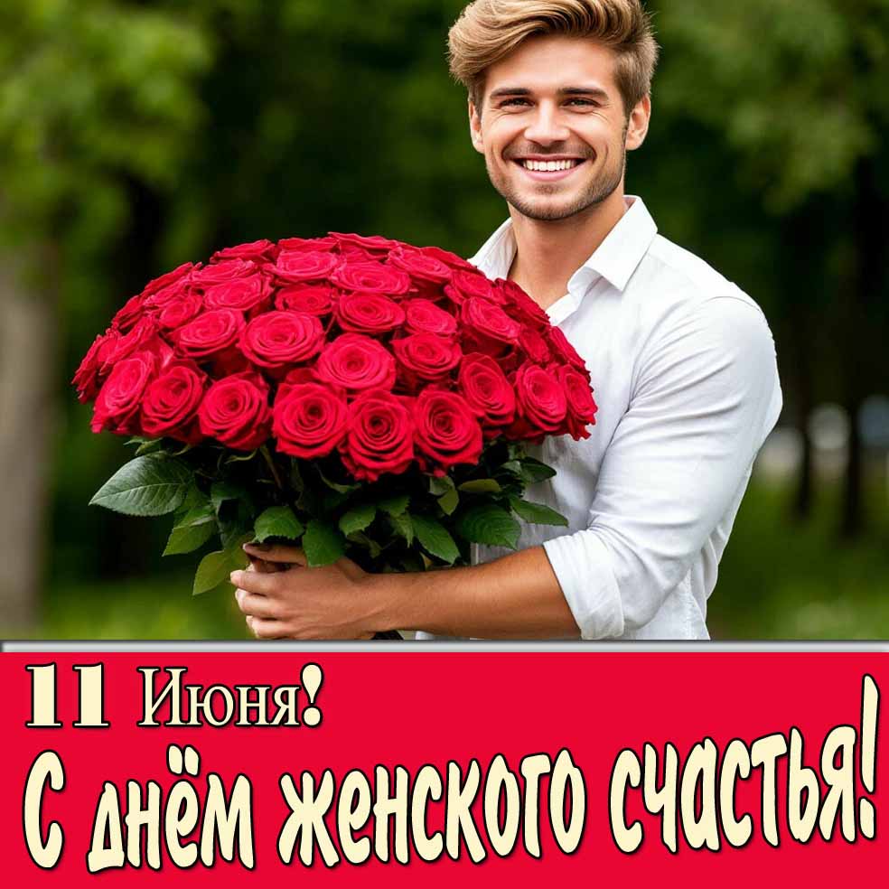 Открытка на день женского счастья 11 Июня с мужчиной с цветами