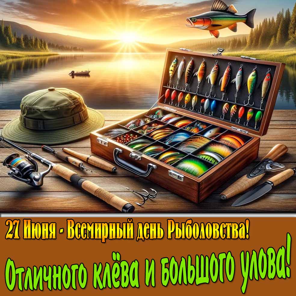 Открытка "27 Июня Всемирный день рыболовства! Отличного клёва и большого улова!"