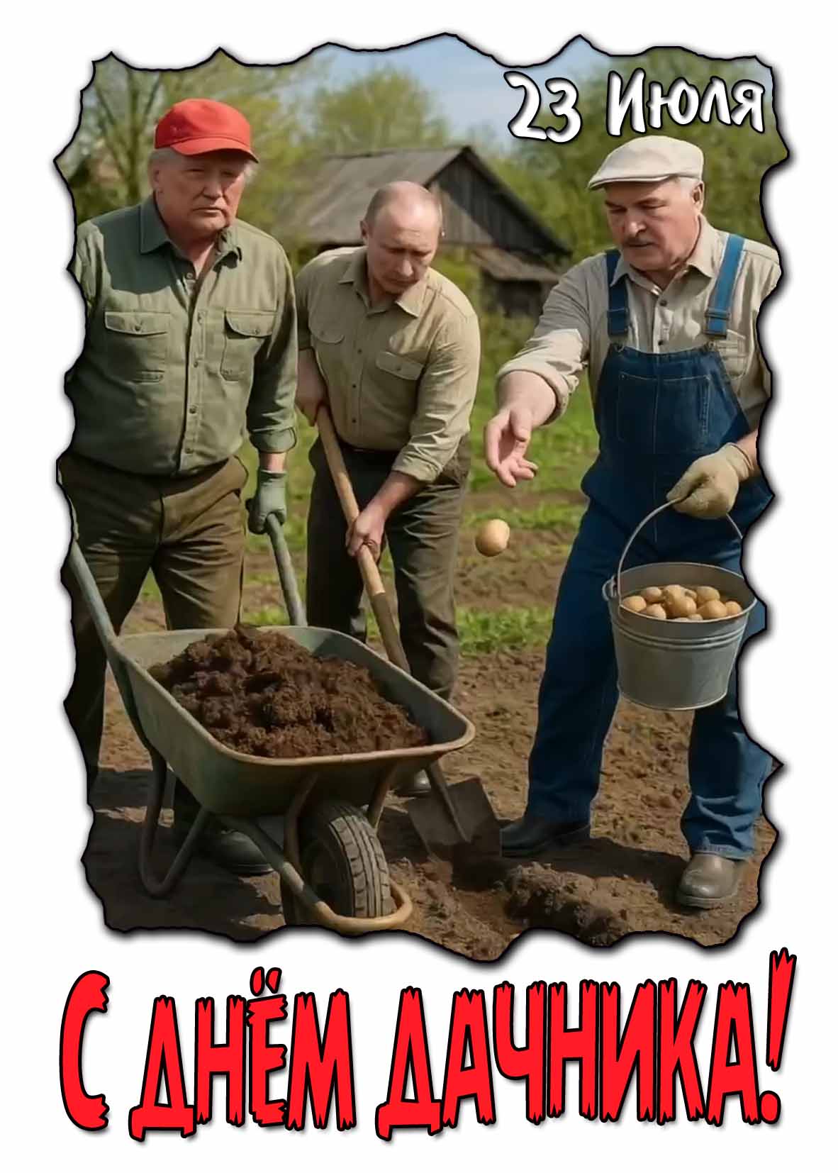 С днём дачника! - открытка с Путиным, Лукашенко и Трампом