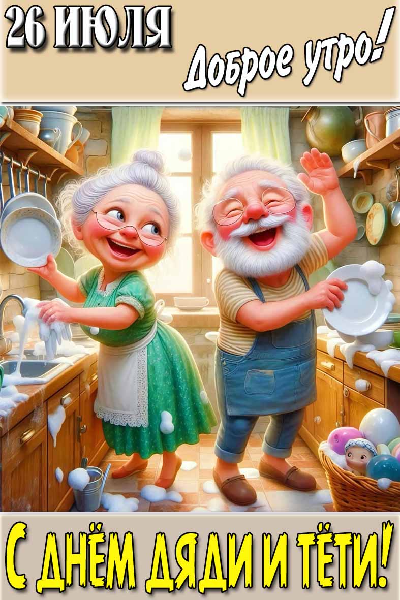 Смешная вертикальная открытка с мужчиной и женщиной за мытьём посуды и надписью : "26 Июля доброе утро! С днём дяди и тёти!". Смешная открытка "26 Июля доброе утро! С днём дяди и тёти!"
