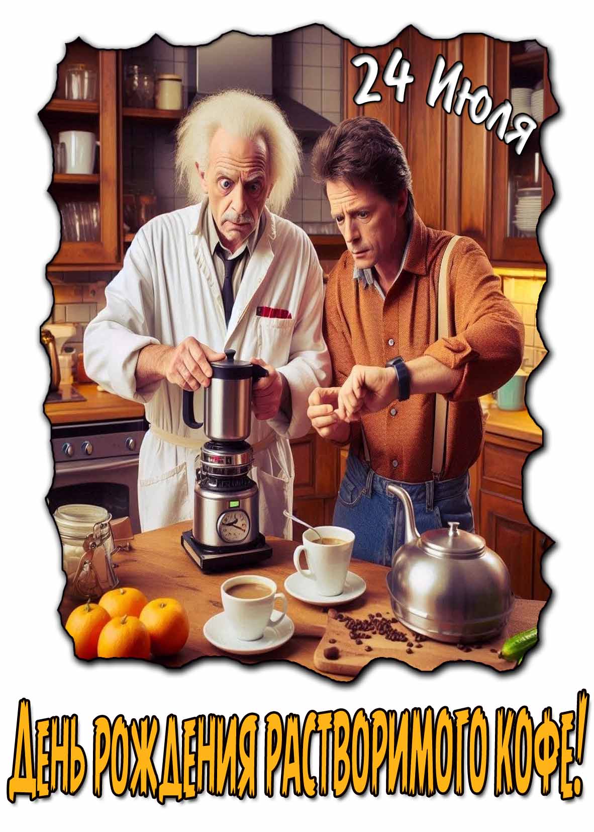 Смешная и прикольная открытка с фрагментом из фильма "Назад в будущее" к празднику 24 Июля - день рождения растворимого кофе! Прикольная открытка 24 Июля - день рождения растворимого кофе