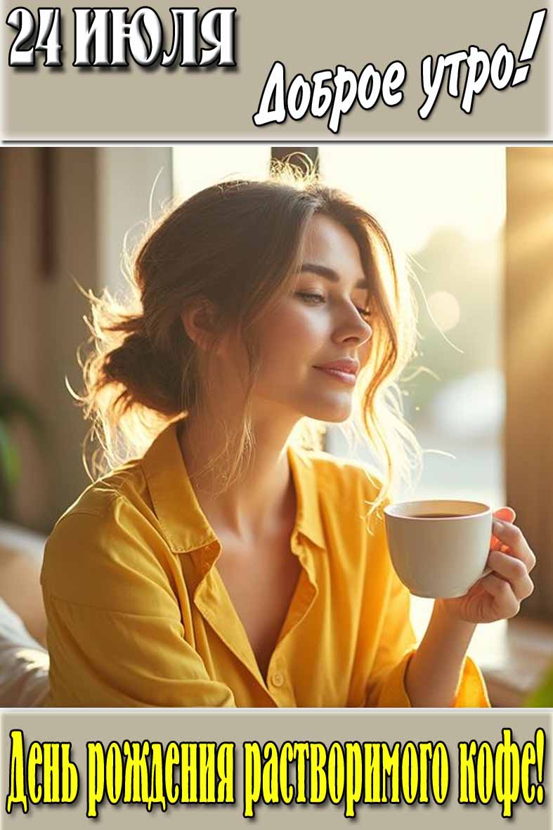 Открытка "24 Июля доброе утро! День рождения растворимого кофе!"