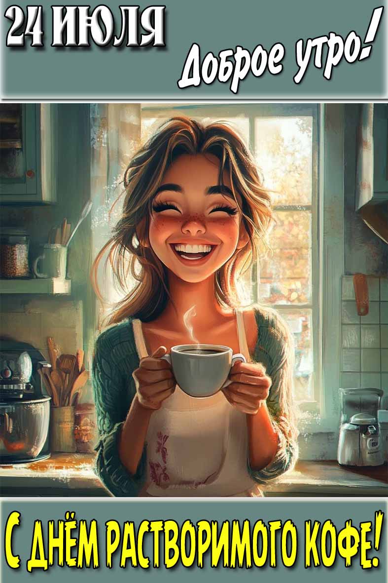Весёлая открытка "24 Июля доброе утро! С днём растворимого кофе!"