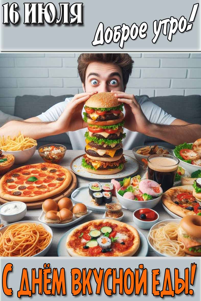 Открытка "16 Июля доброе утро! С днём вкусной еды!"