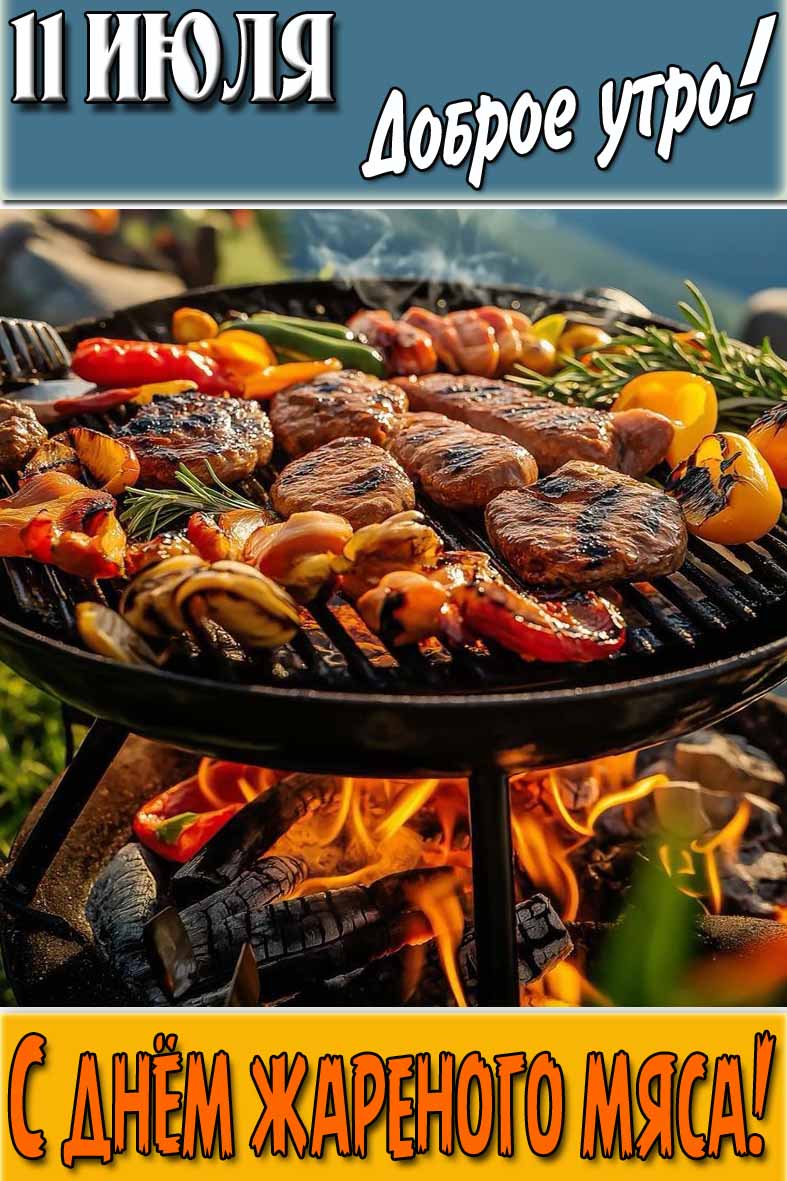 Открытка "11 Июля доброе утро! С днём жареного мяса!"
