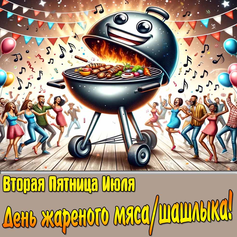 Весёлая открытка "Вторая пятница Июля! День жареного мяса/шашлыка!"