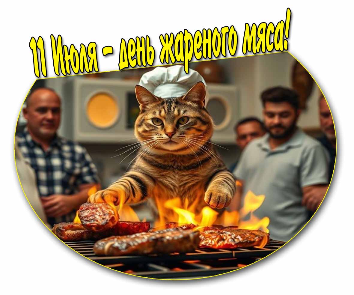 11 Июля день жареного мяса! - смешная открытка с котом