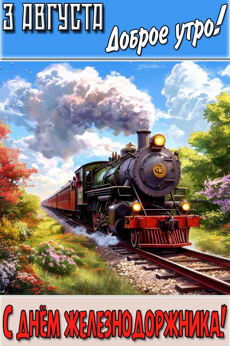Красивая открытка "3 Августа доброе утро! С днём железнодорожника!"