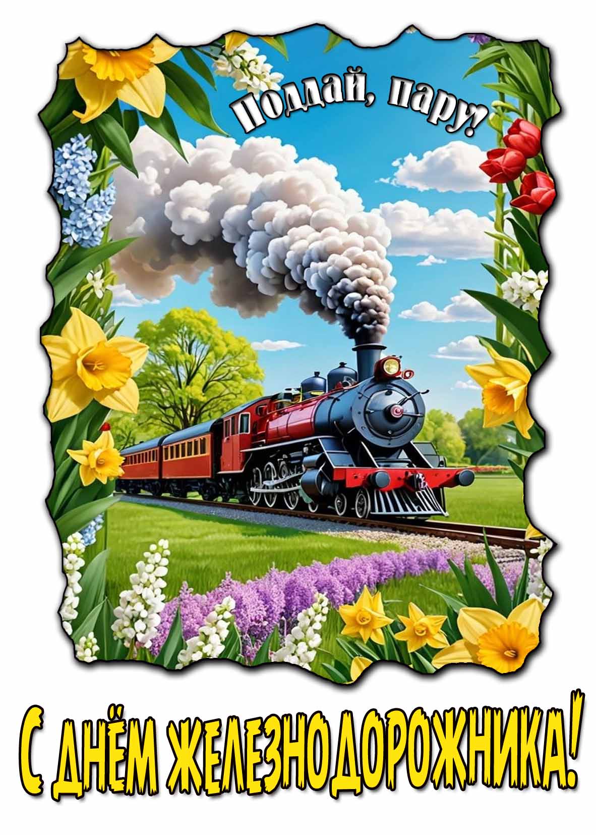 Летняя картинка "С днём железнодорожника! Поддай, пару!"