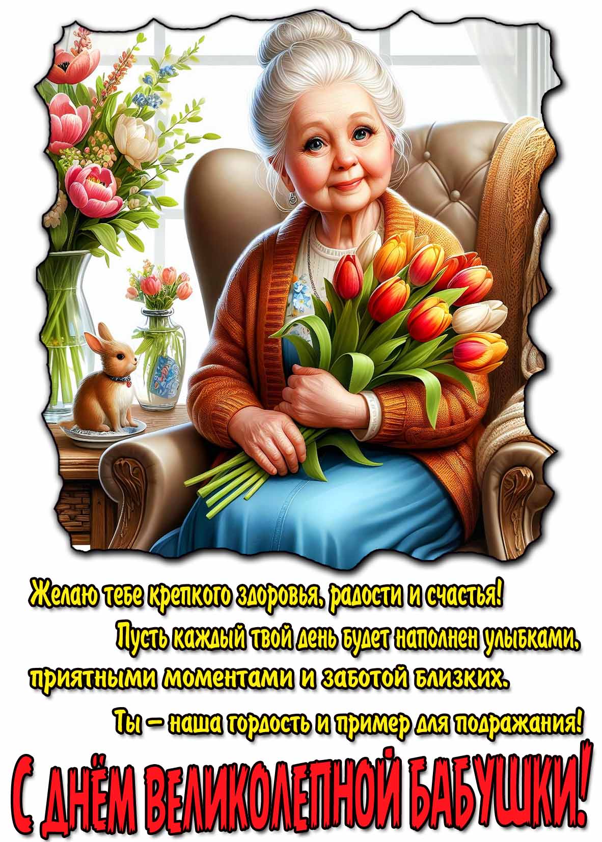 Красивая картинка с цветами, чтобы поздравить добрыми словами и тёплыми пожелания с днём великолепной бабушки!