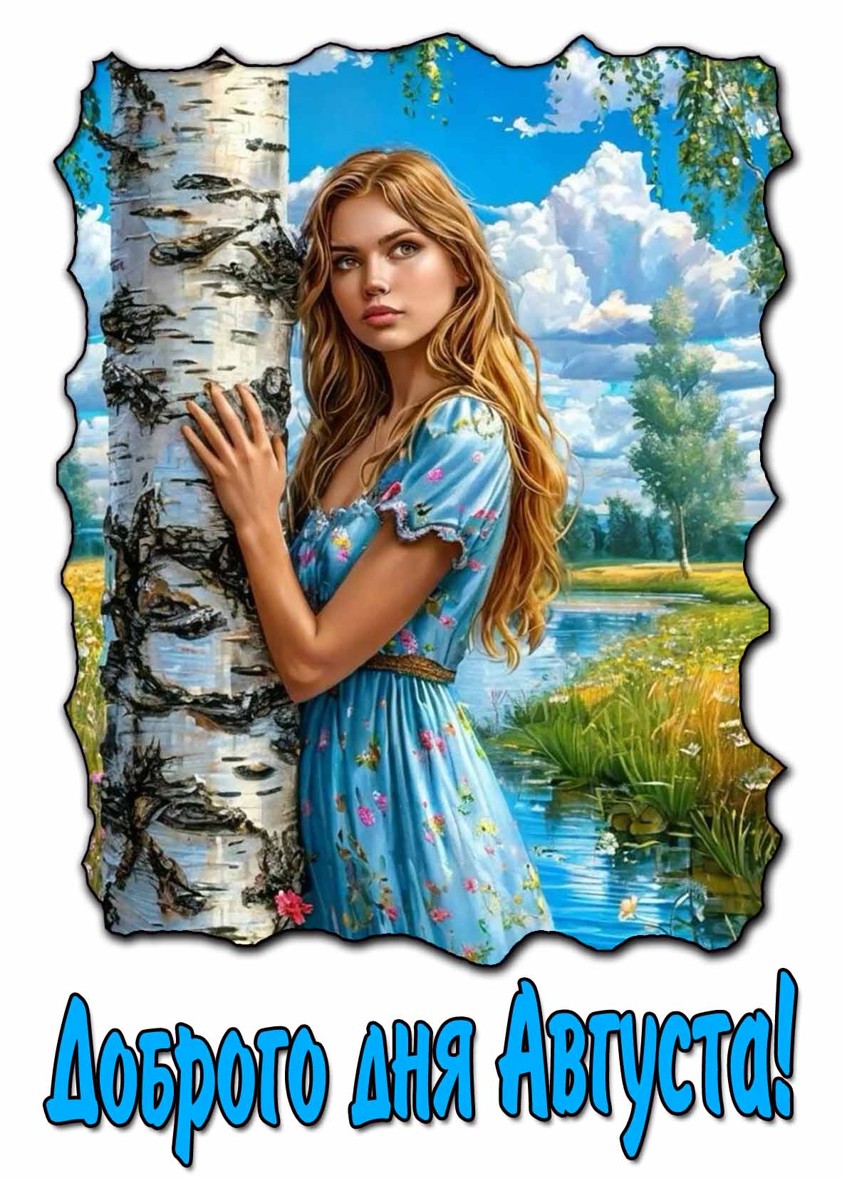 Доброго дня Августа! - открытка с девушкой у берёзы