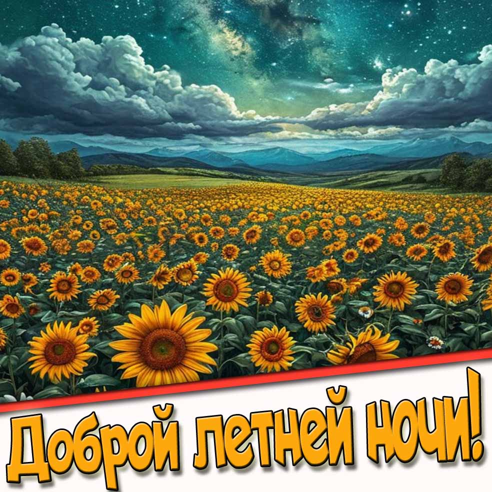 Открытка доброй летней ночи с подсолнухами