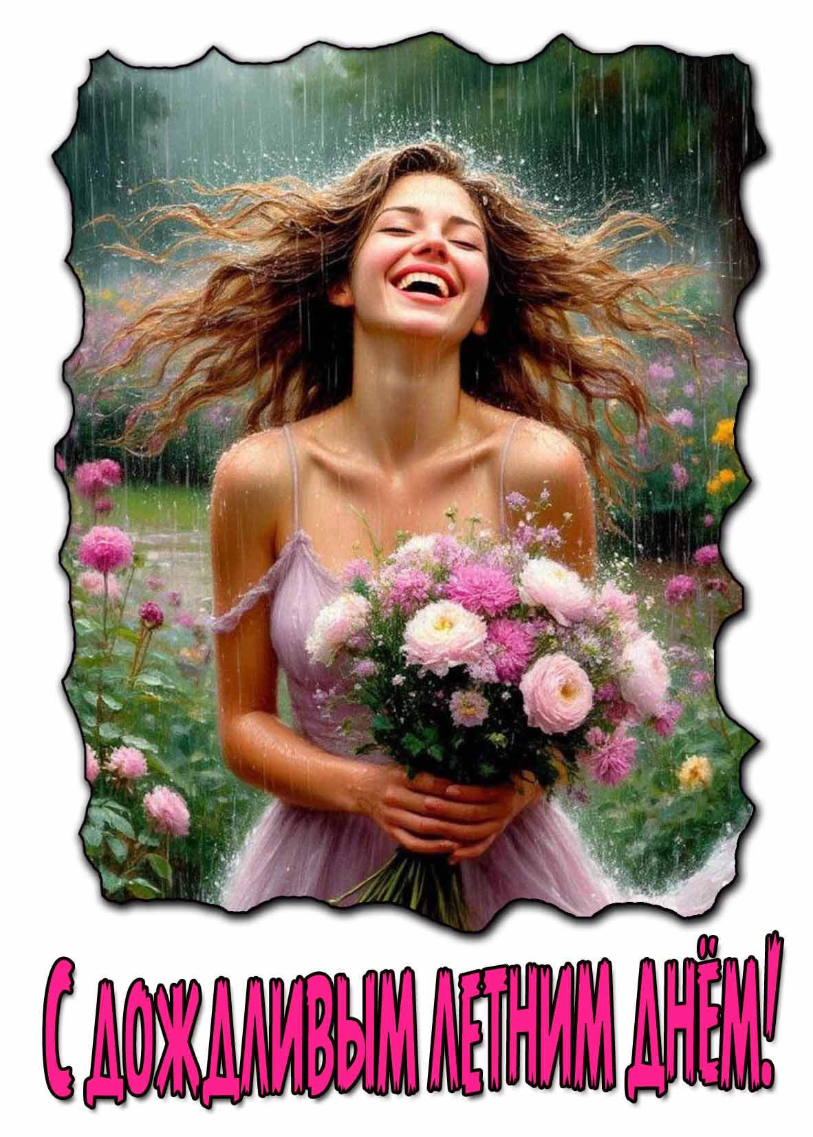 С дождливым летним днём! - открытка с красивой девушкой