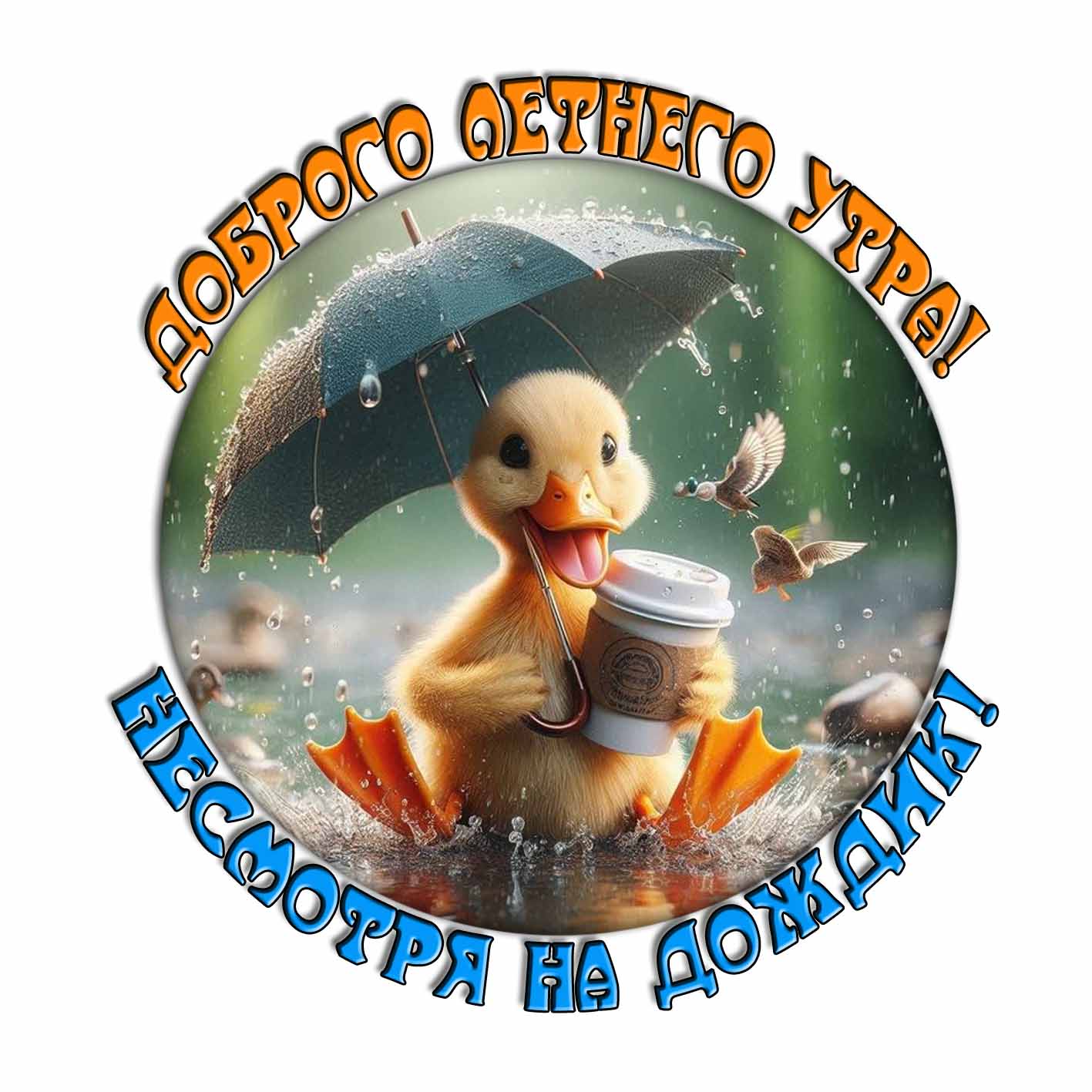 Прикольный стикер "Доброго летнего утра! Несмотря на дождик!"