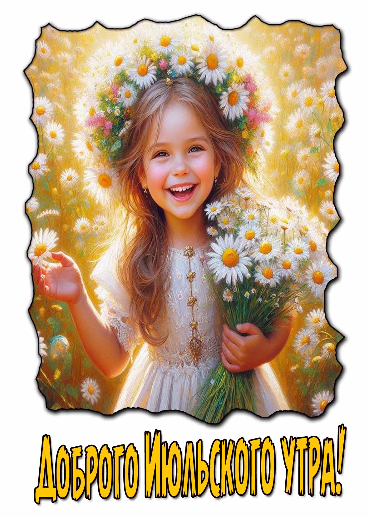 Красивая открытка доброго Июльского утра с ромашками