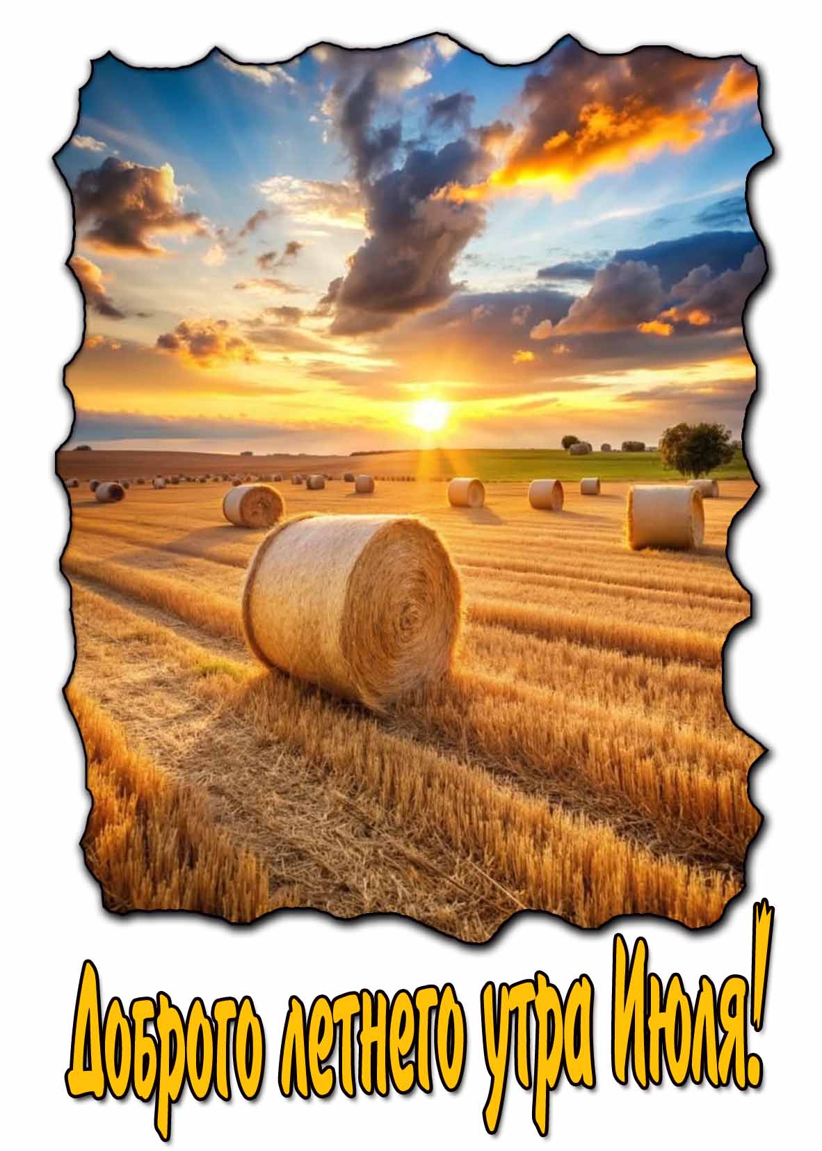 Необычная красивая картинка с восходом солнцем над стогами сена и пожеланием доброго летнего утра Июля!