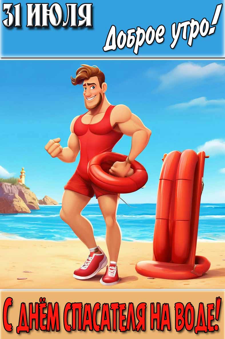 Красивая летняя вертикальная картинка в мультяшном стиле с надписью : "31 Июля доброе утро! С днём спасателя на воде!".