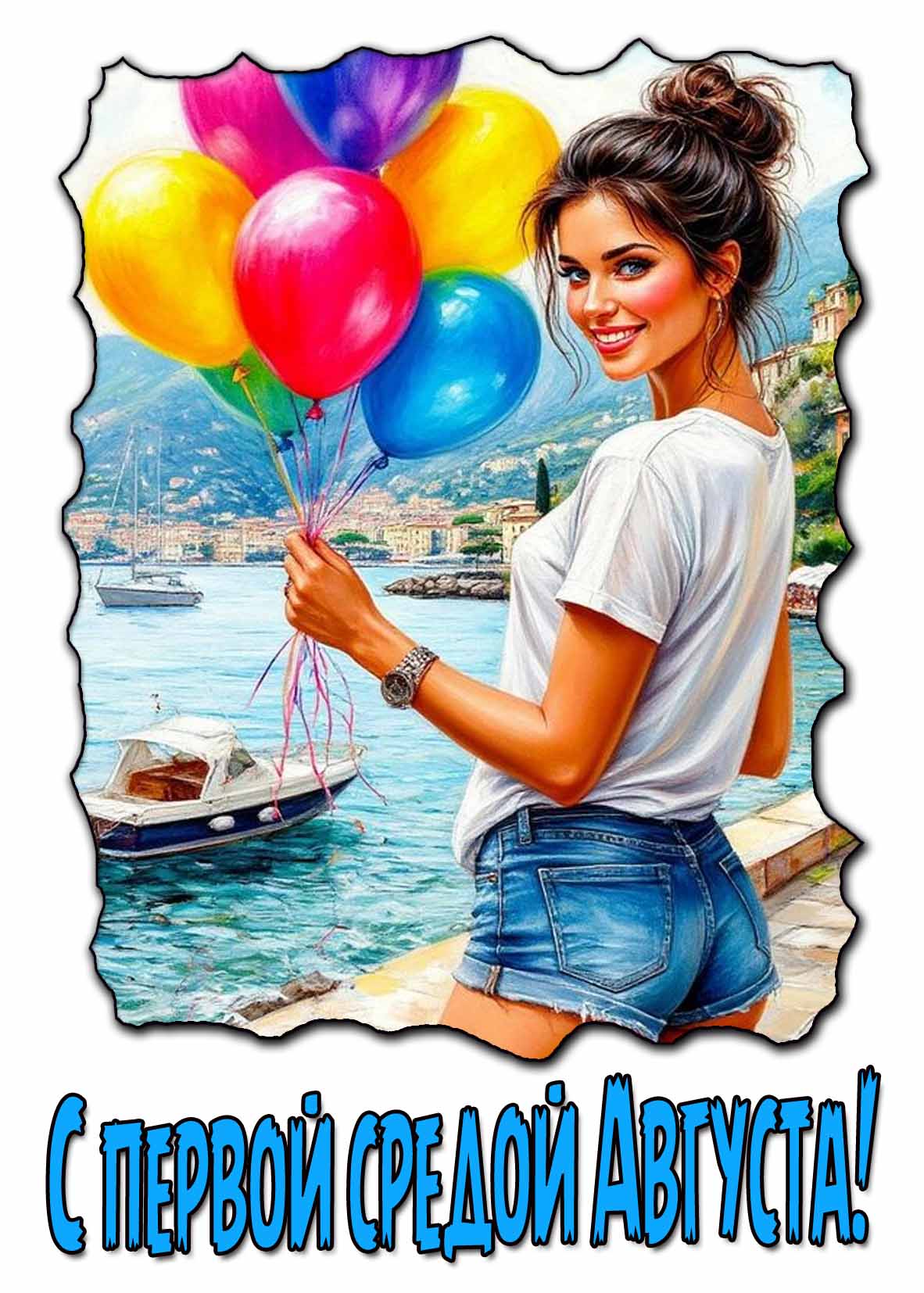 С первой средой Августа! - открытка с девушкой