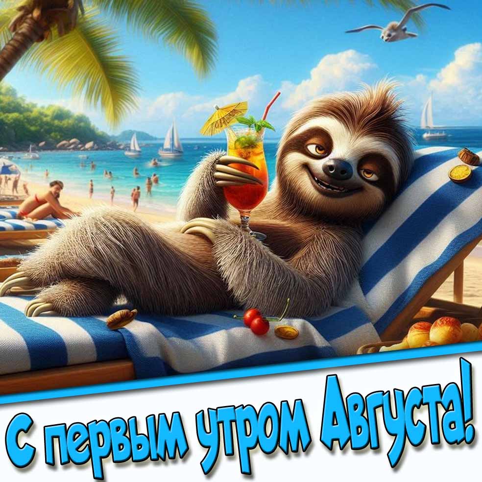 С первым утром Августа! - смешная открытка с ленивцем