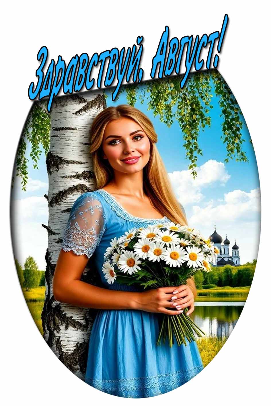 Здравствуй, Август! - открытка с девушкой и цветами