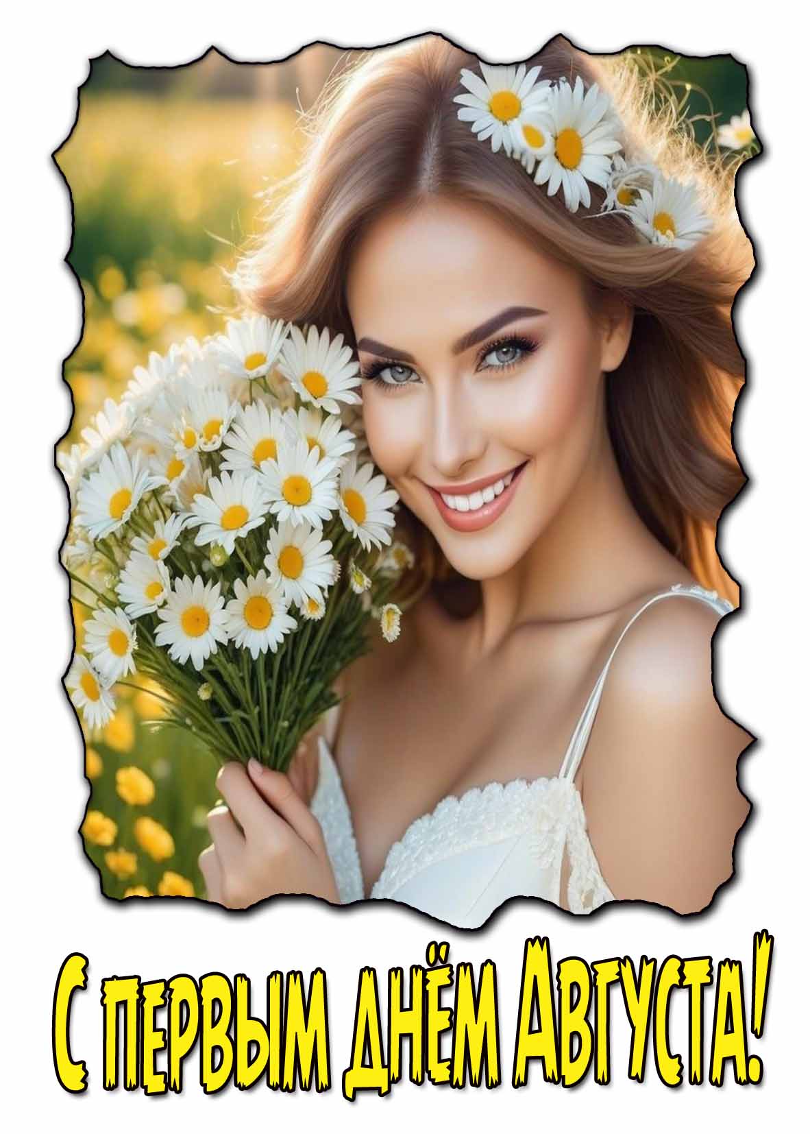 С первым днём Августа! - открытка с девушкой с ромашками
