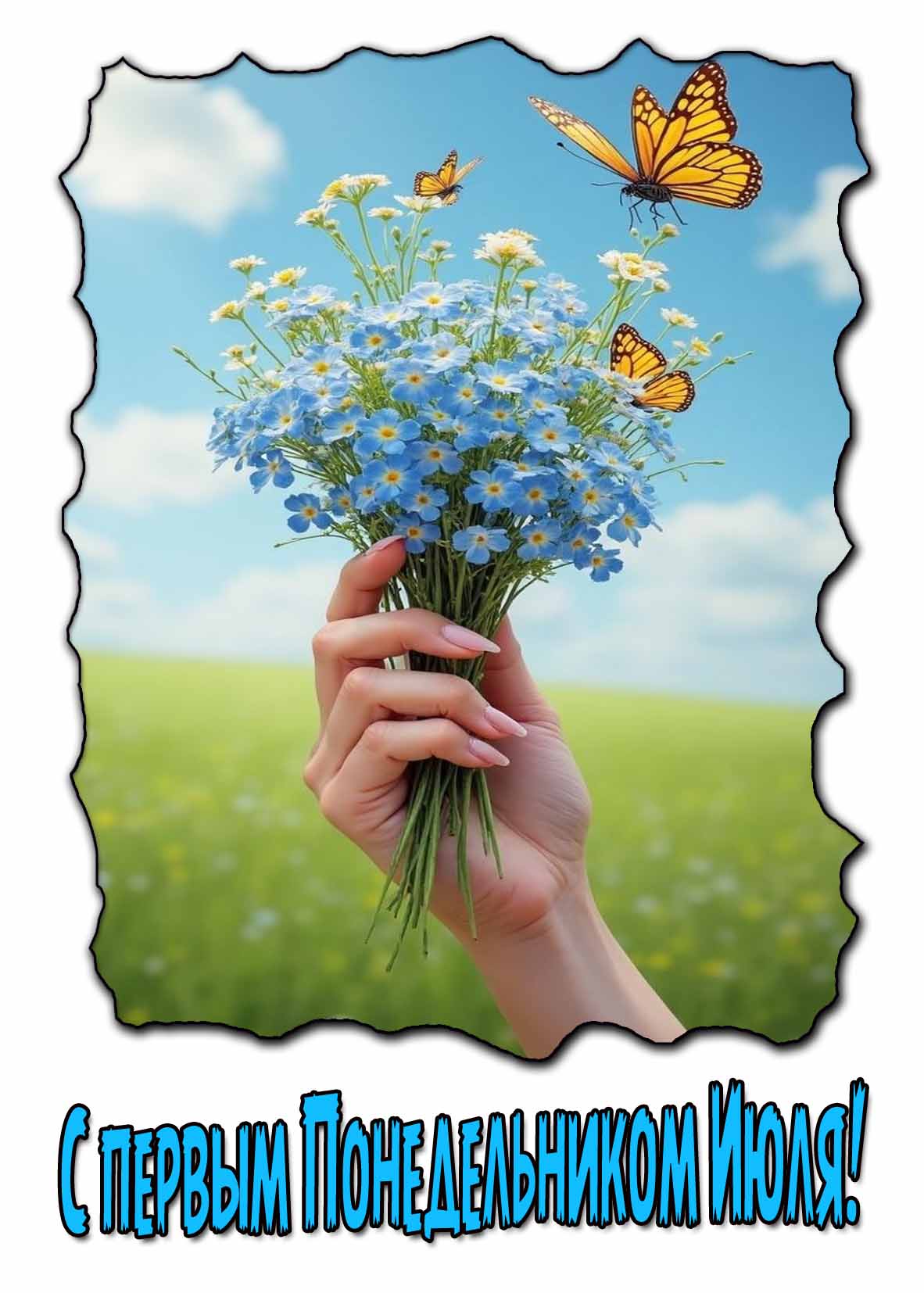 С первым Понедельником Июля! - открытка с цветами