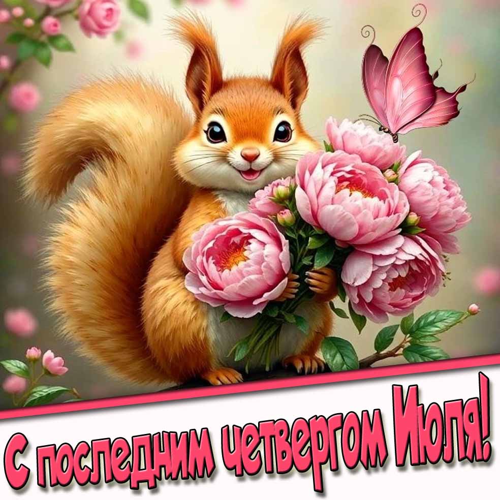 С последним Четвергом Июля! - картинка с белочкой и цветами