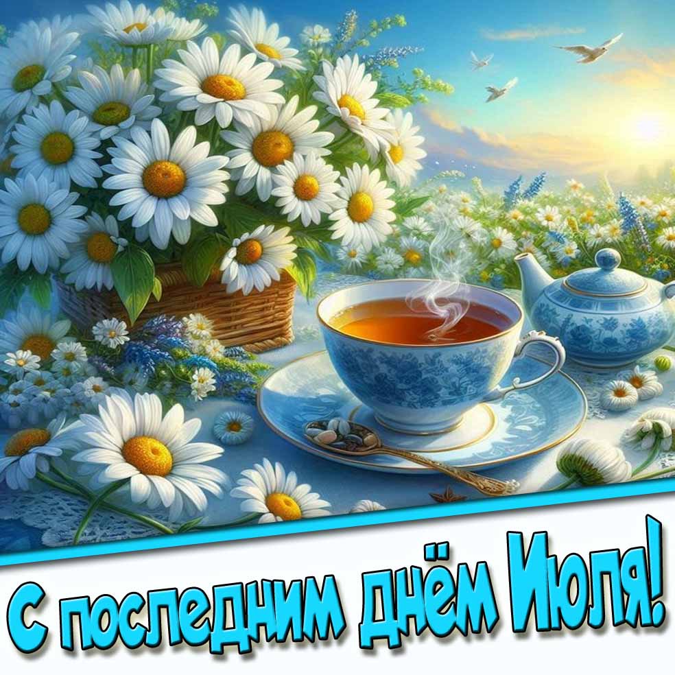 С последним днём Июля! - красивая открытка с ромашками
