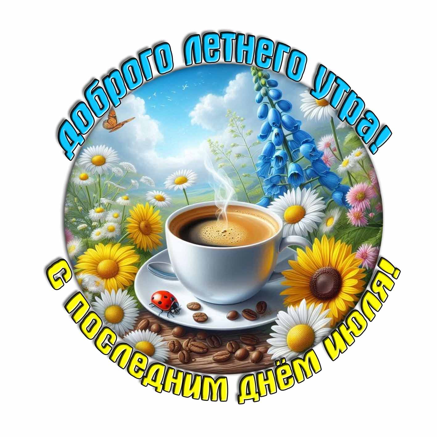 Стикер "Доброго летнего утра! С последним днём Июля!"