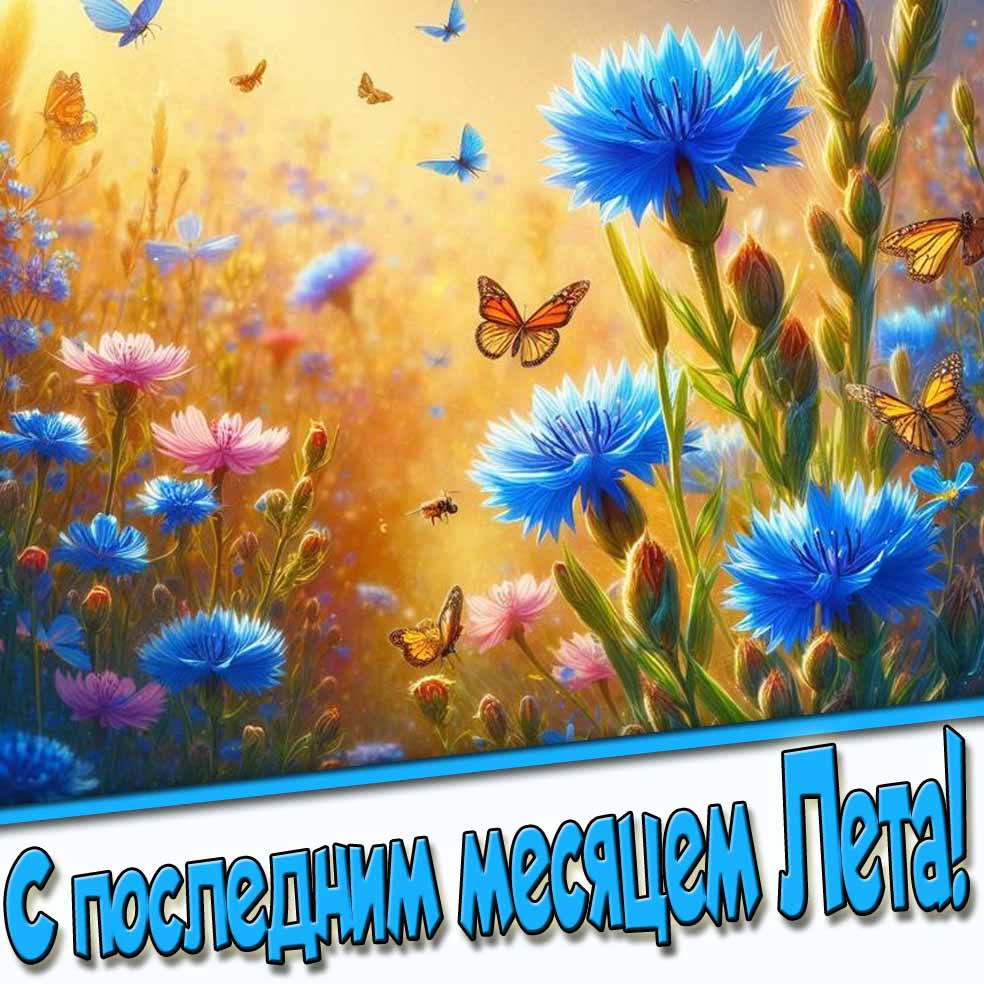 Открытка с последним месяцем Лета с цветами