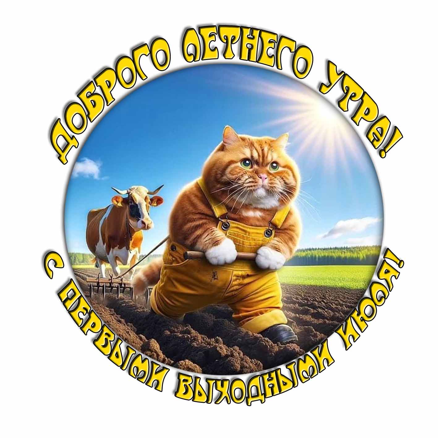 Прикольный стикер "Доброго летнего утра! С первыми выходными Июля!"