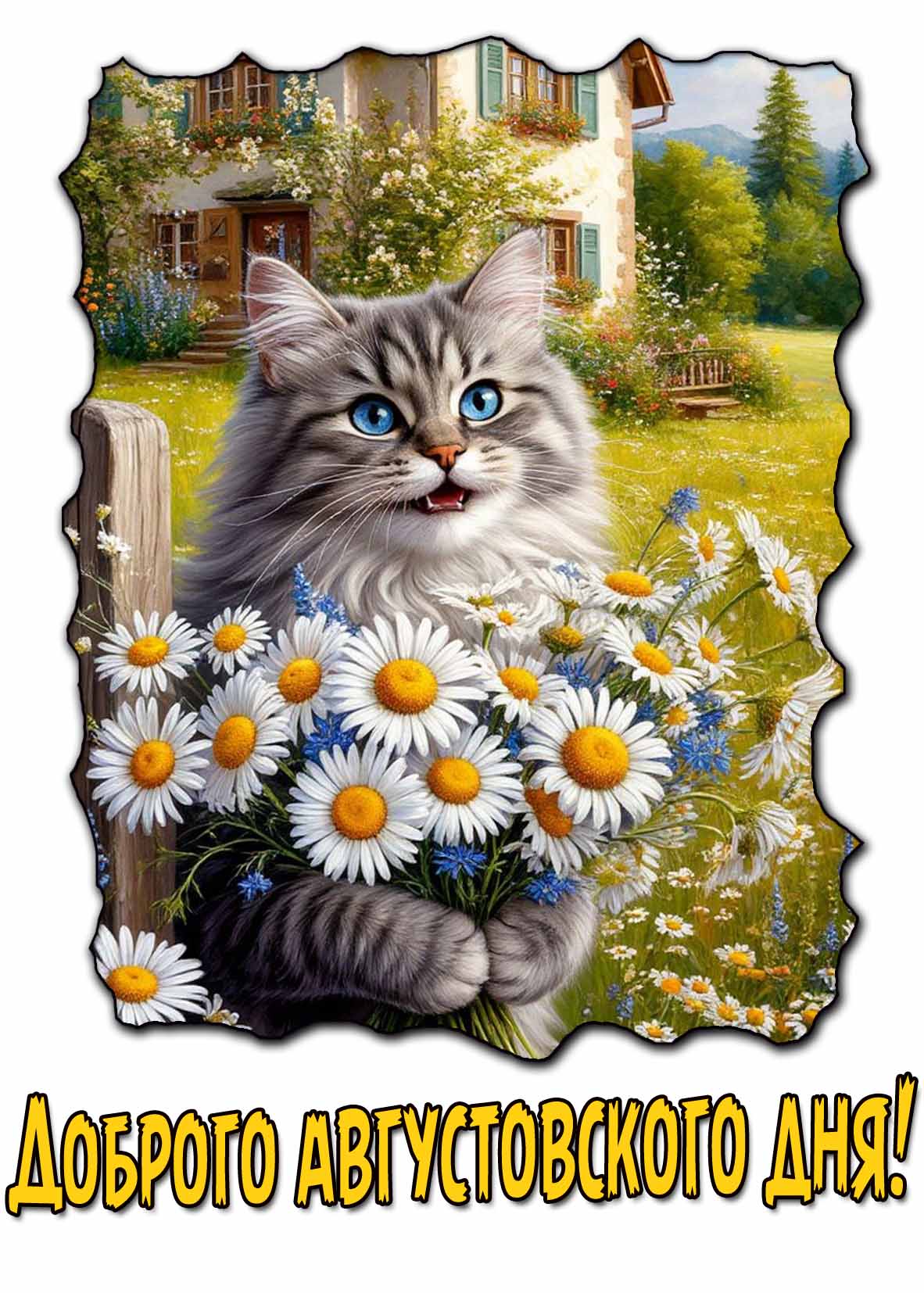 Доброго августовского дня! - открытка с котом с ромашками