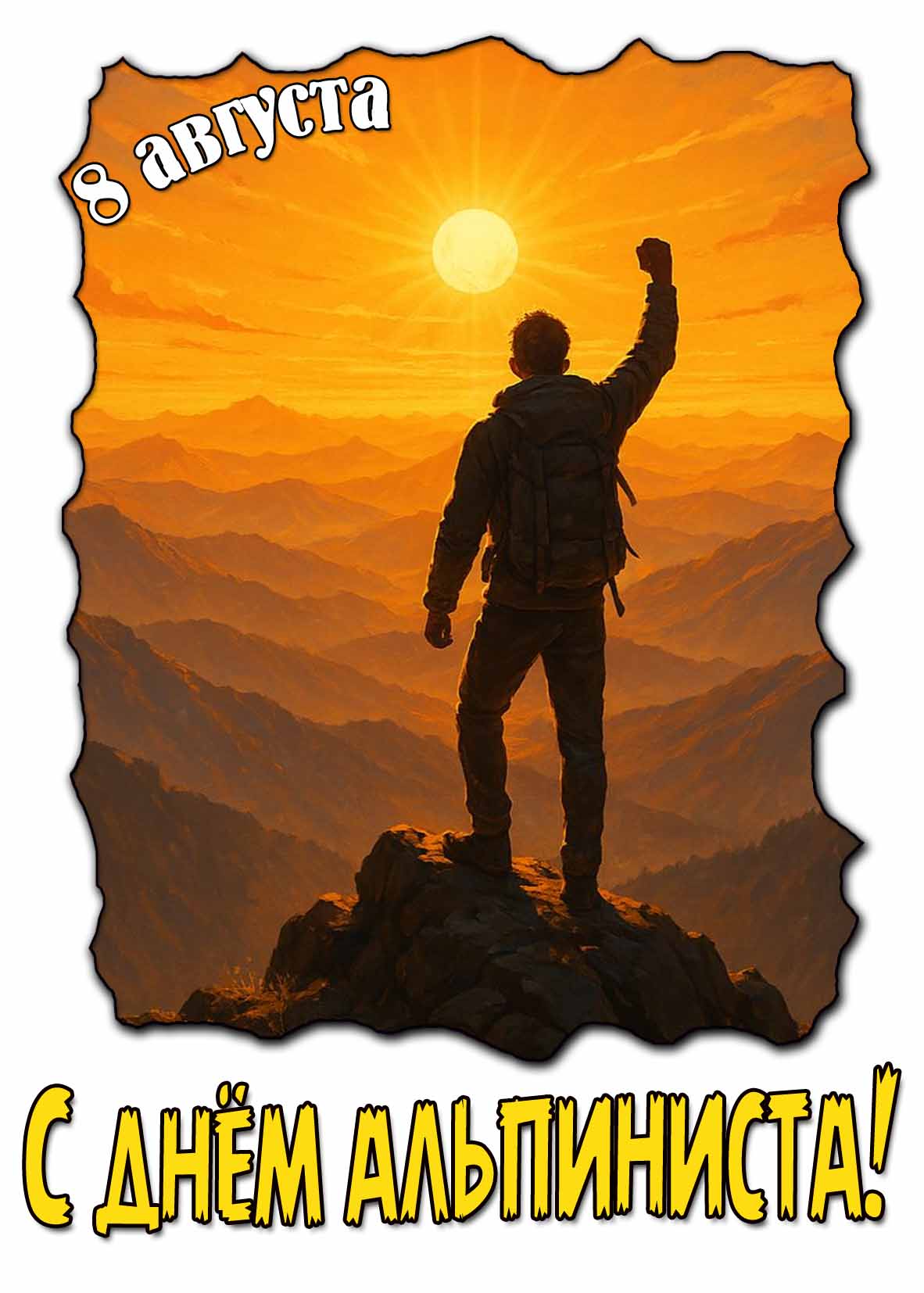 Красивая открытка на праздник 8-го августа с надписью с днём альпиниста!