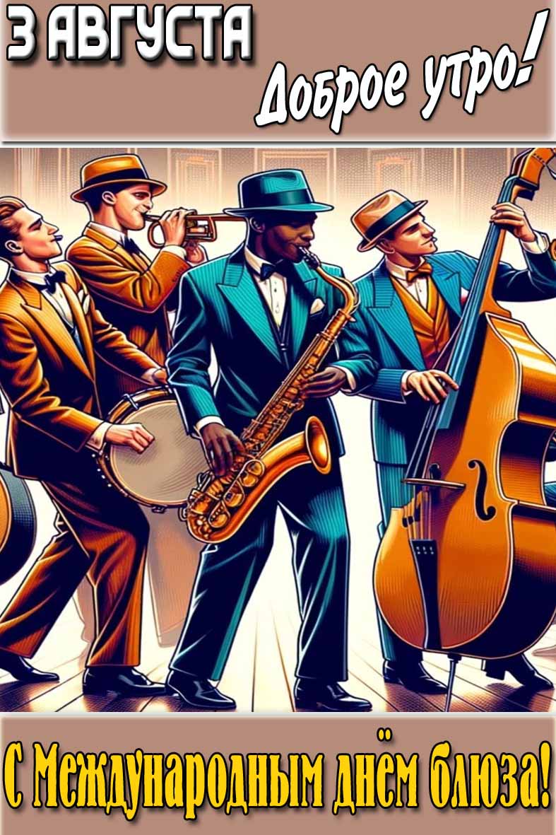 Открытка "3 августа доброе утро! С международным днём блюза!"
