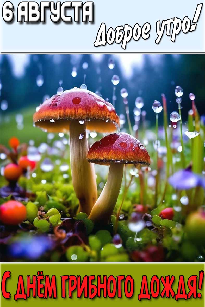 Открытка "6 августа доброе утро! С днём грибного дождя!"