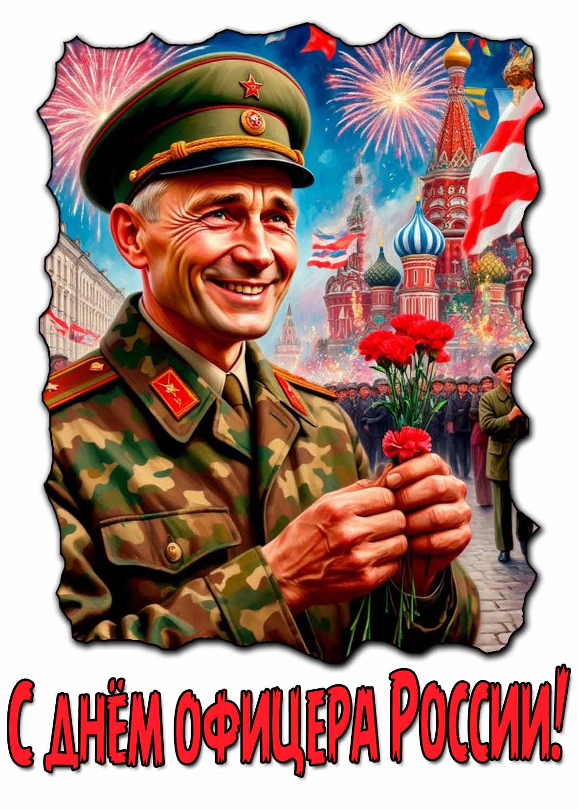 С днём офицера России! - праздничная открытка с салютом