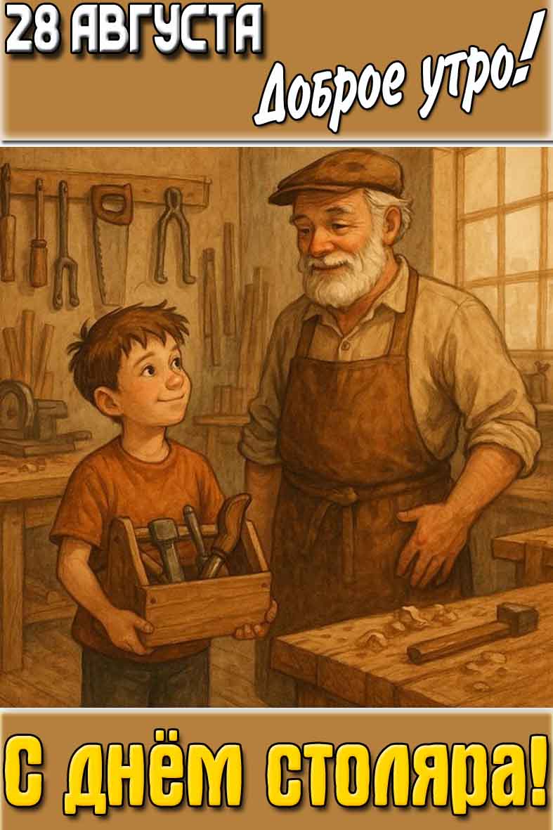 Красивая вертикальная открытка с надписью : "28 августа доброе утро! С днём столяра!".
