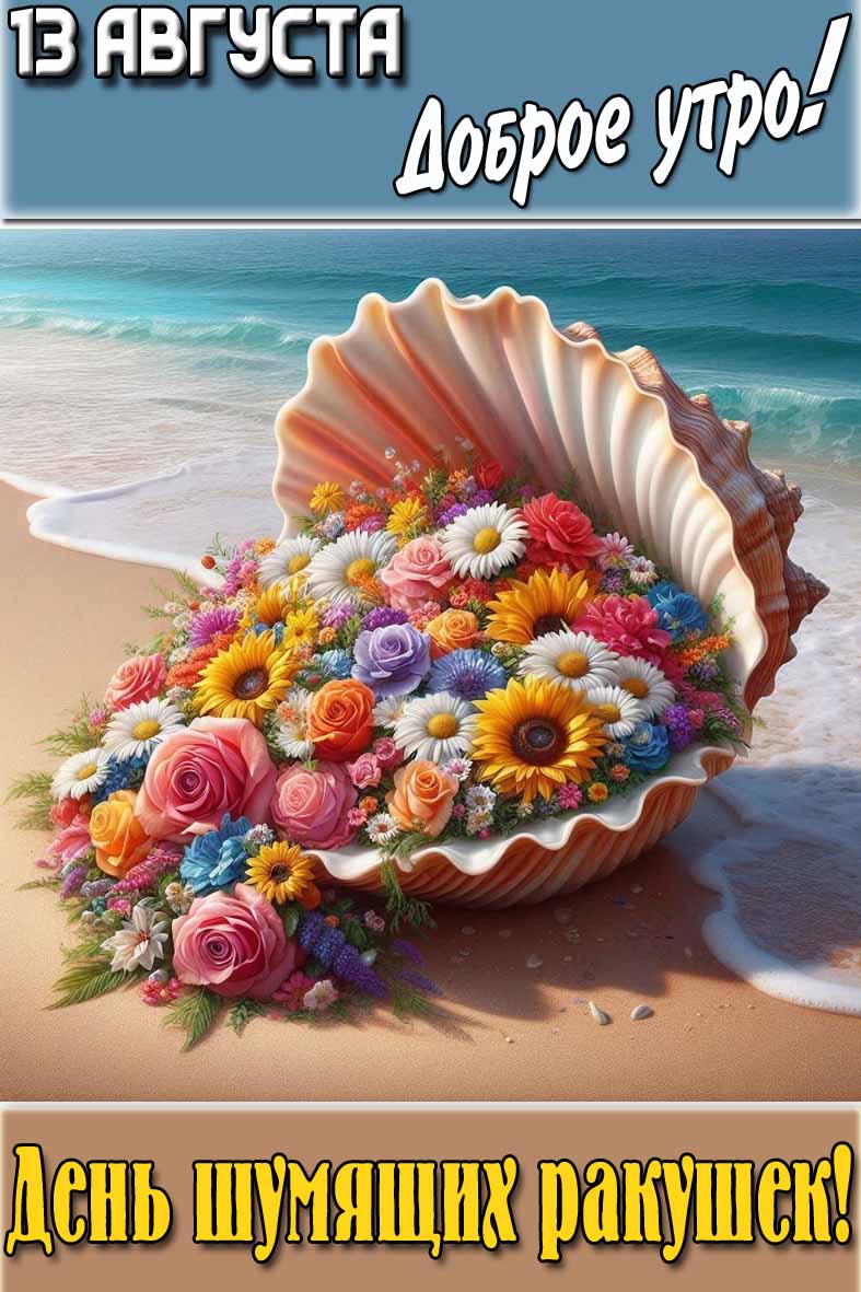 Открытка "13 августа доброе утро! День шумящих ракушек!"
