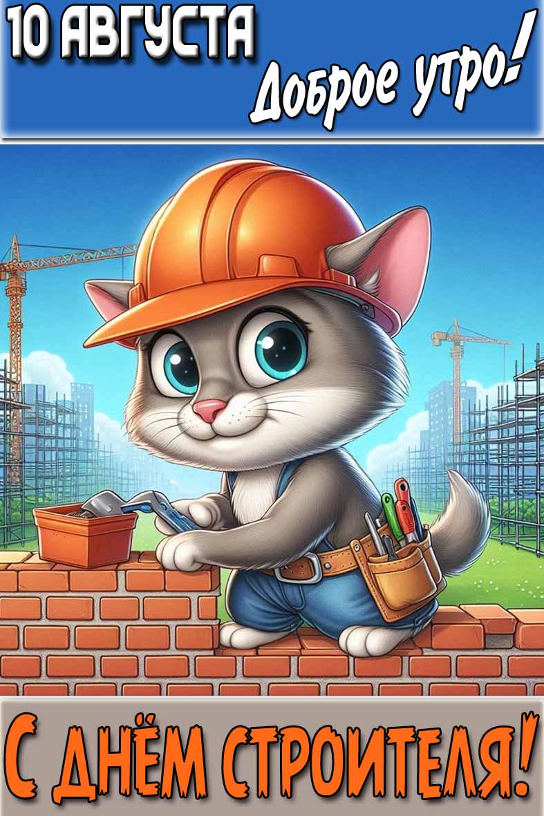 Мультяшная открытка "10 августа доброе утро! С днём строителя!"