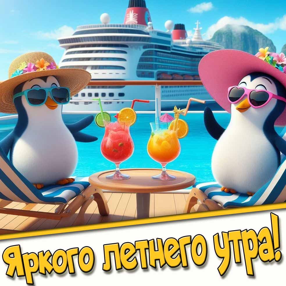 Яркого летнего утра! - прикольная открытка с пингвинами