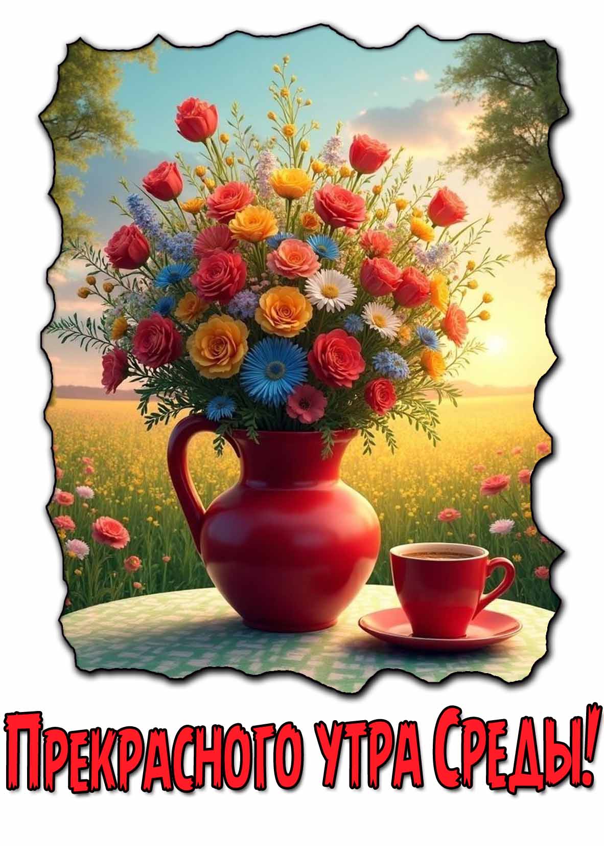 Прекрасного утра среды! - открытка с цветами и кофе