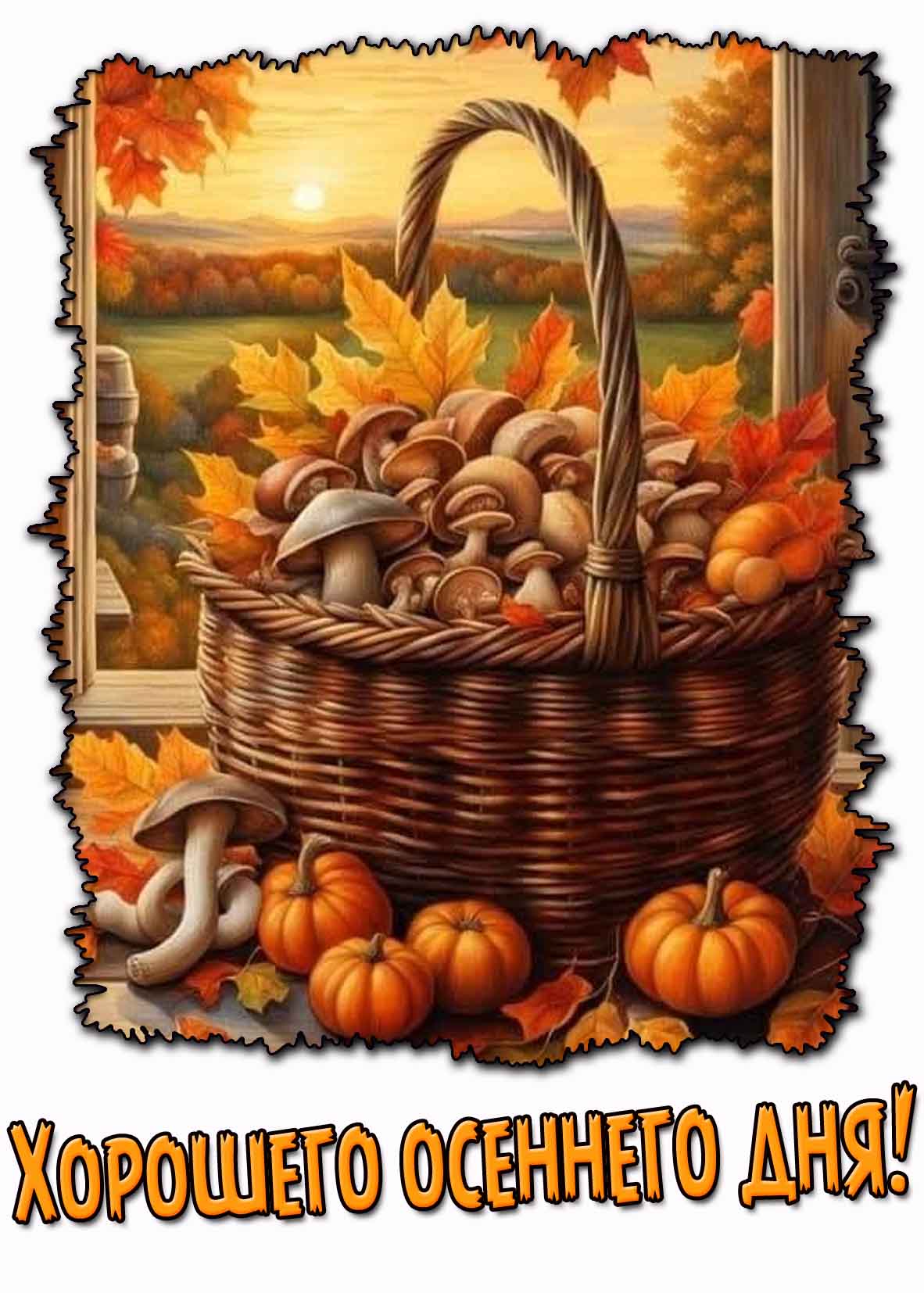Хорошего осеннего дня! - картинка с лукошком грибов