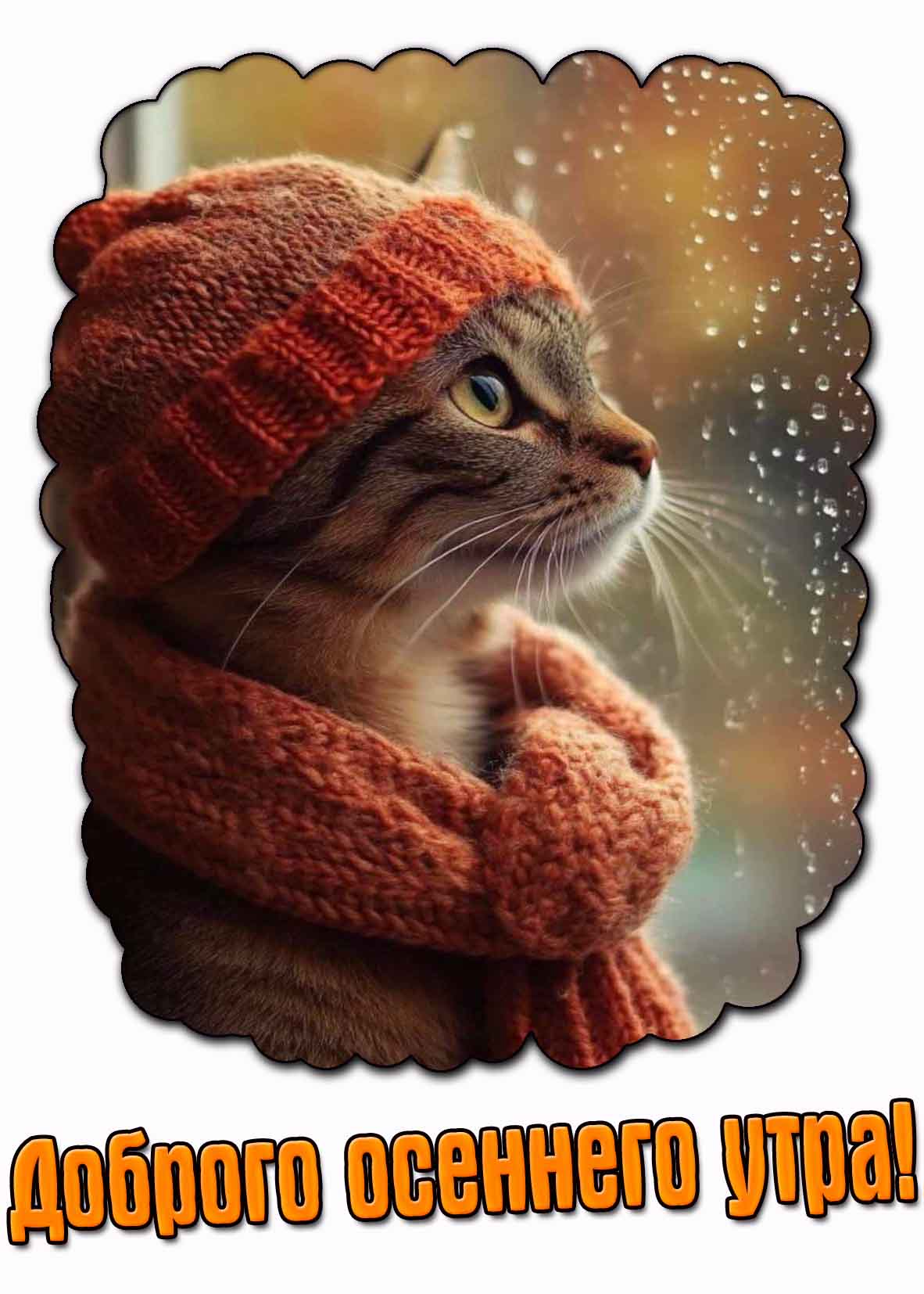 Доброго осеннего утра! - дождливая открытка с котом