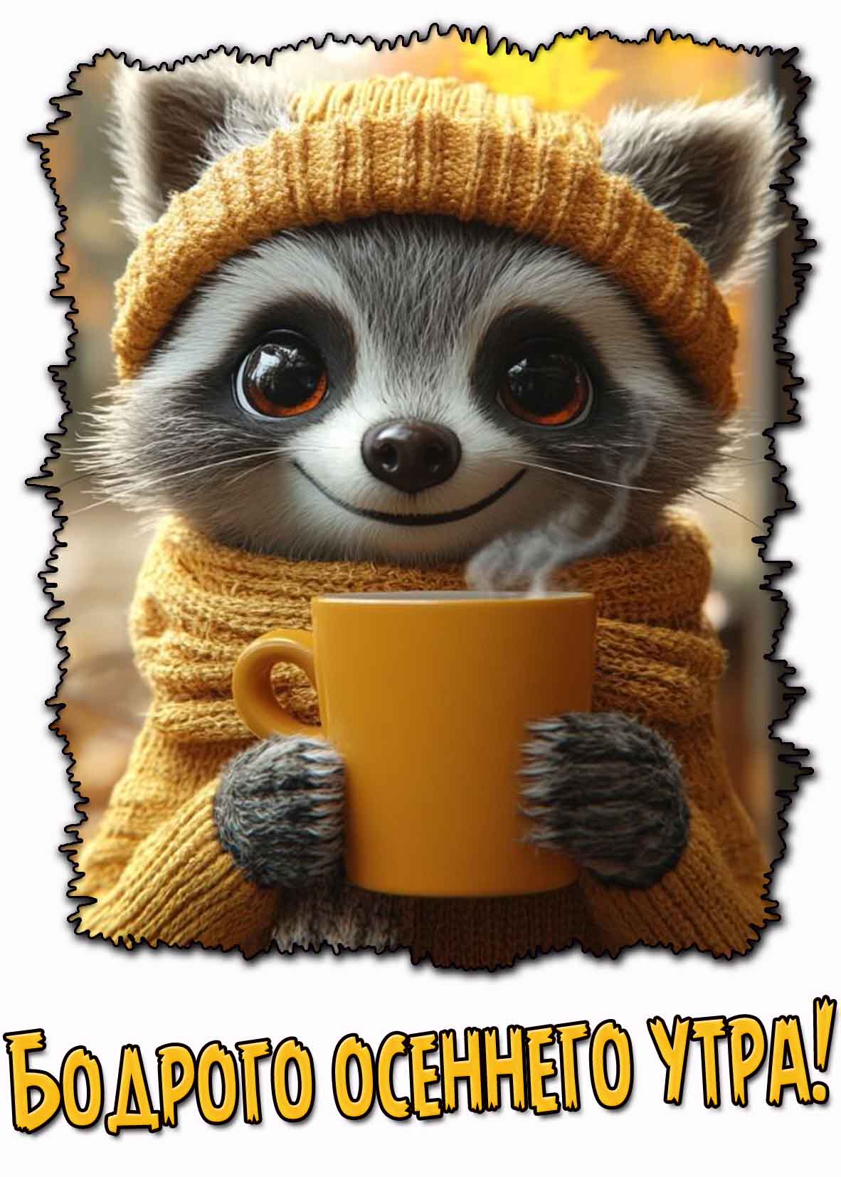Бодрого осеннего утра! - прикольная картинка с енотом