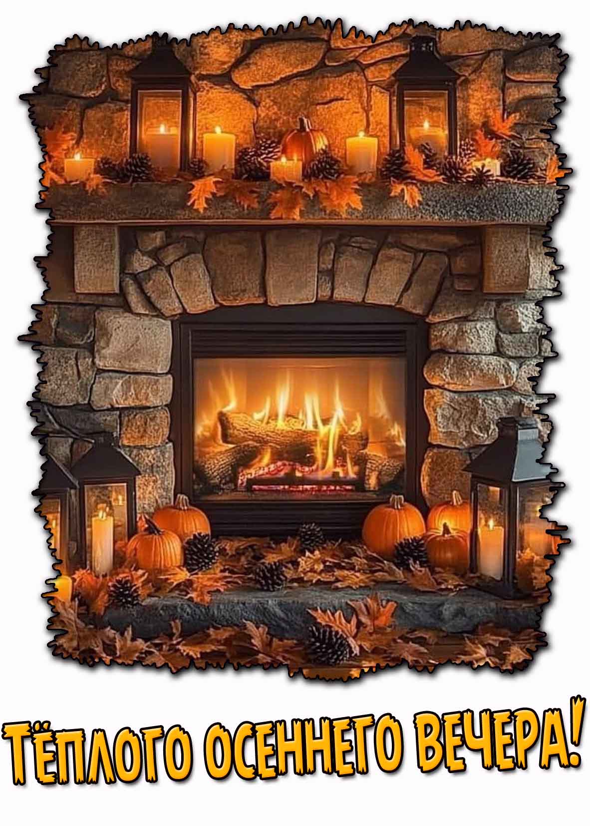 Тёплого осеннего вечера! - открытка с камином