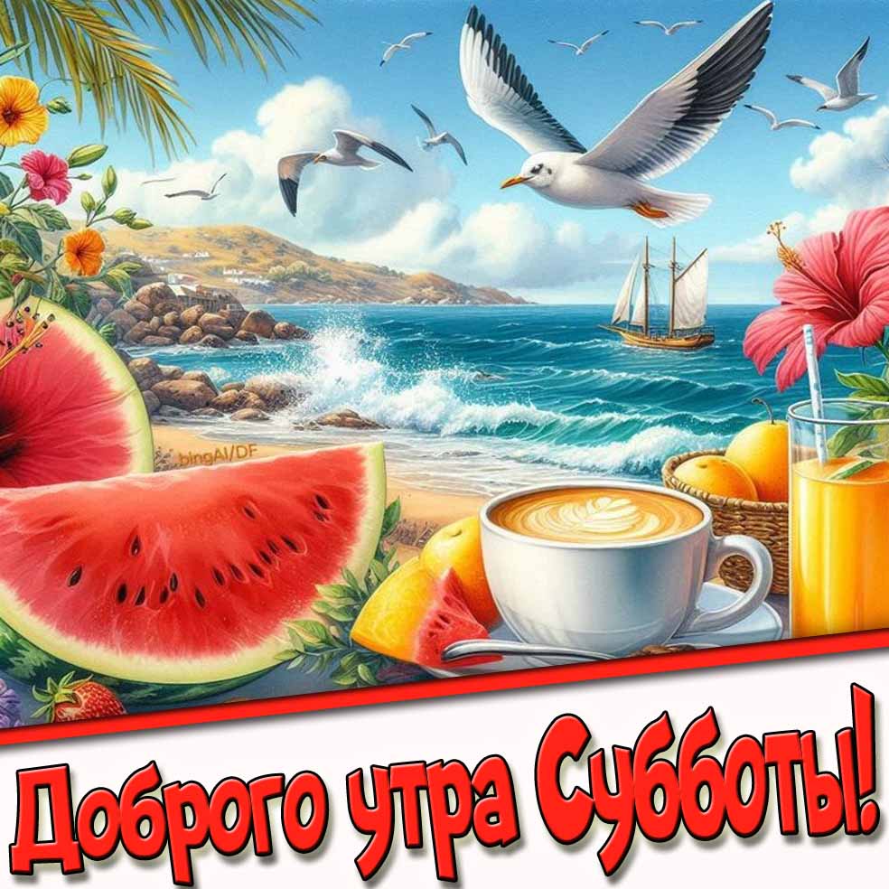 Доброго утра субботы! - открытка с кофе и арбузом