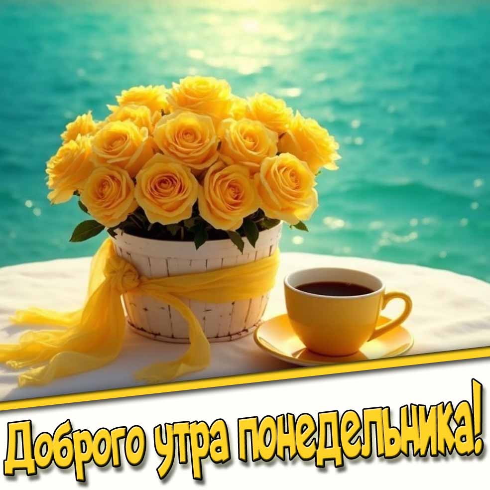 Открытка доброго утра понедельника с розами и кофе