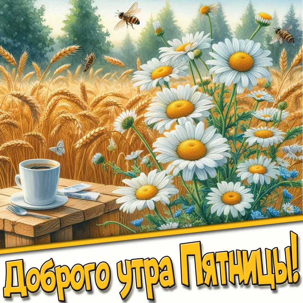 Доброго утра Пятницы! - открытка с кофе и ромашками