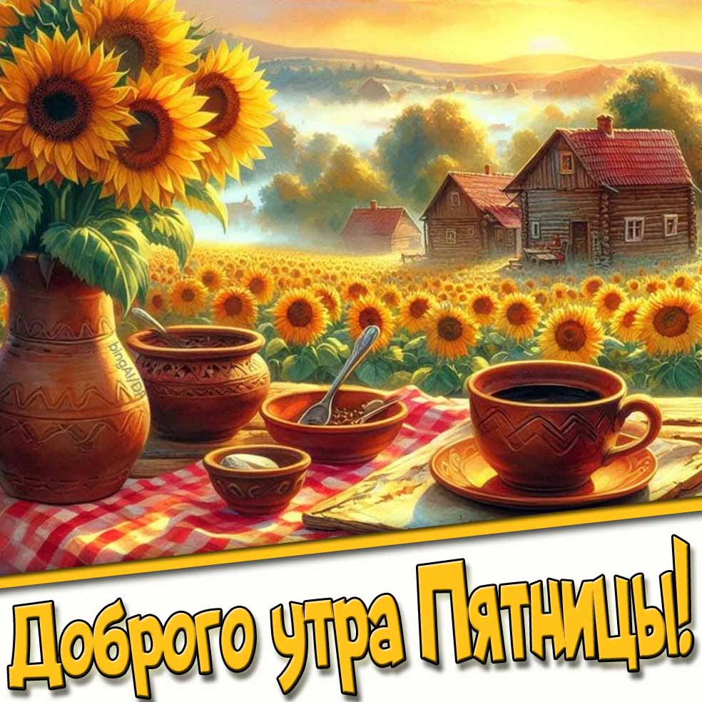 Доброго утра Пятницы! - летняя открытка с подсолнухами