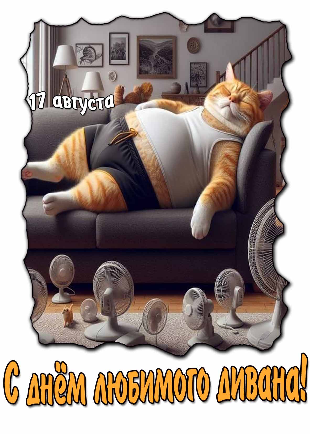 С днём любимого дивана! - прикольная открытка с котом